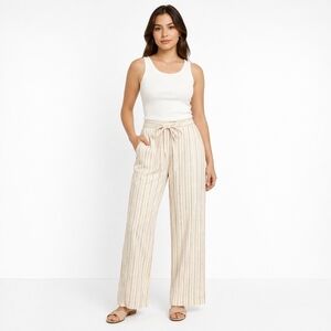 Dex Cream Tan Tie-Waist Linen Blend Pants with Subtle Stripes Size Medium